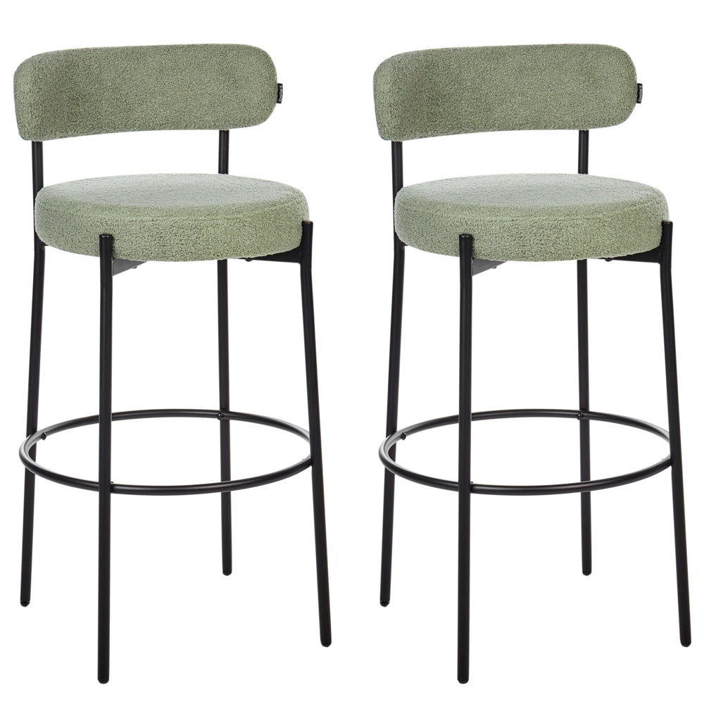 Set di 2 sedie da bar tessuto bouclé verde chiaro con gambe in acciaio nero sala da pranzo stile moderno