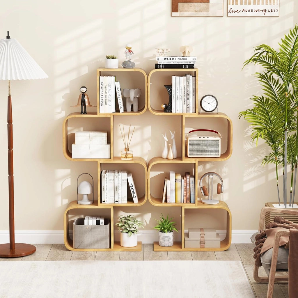 Libreria a 4 Cubi Forma di S, Libreria Bassa Scaffale in Bamboo, Libreria Design Moderna Salvaspazio da Terra, per Soggiorno, Studio e Ufficio, 61 x 23 x 133,5 cm, Naturale (4 Livelli)
