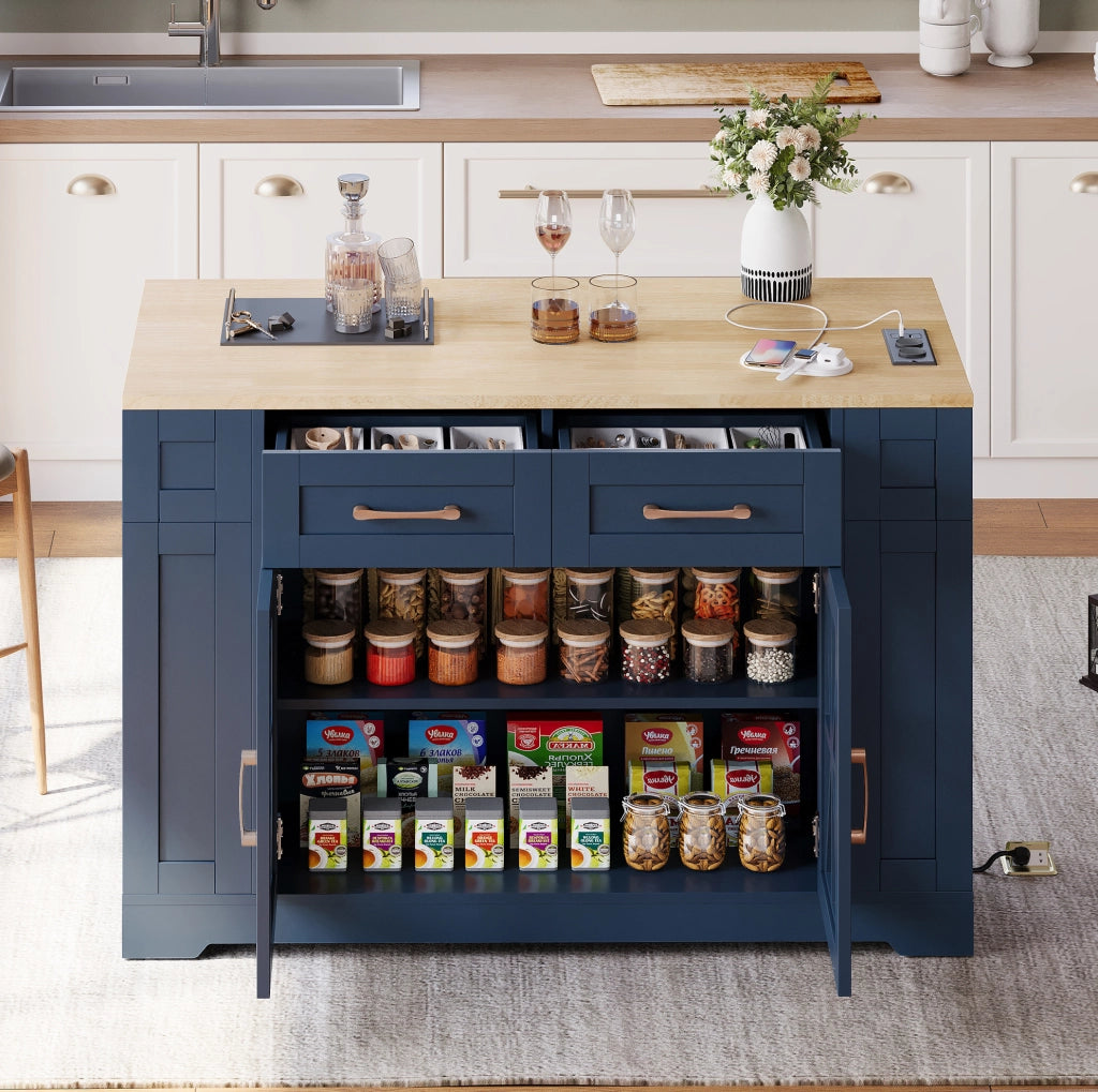 Carrello isola cucina 120x40(65)x92 cm con piano pieghevole e prese integrate in MDF blu e neutro