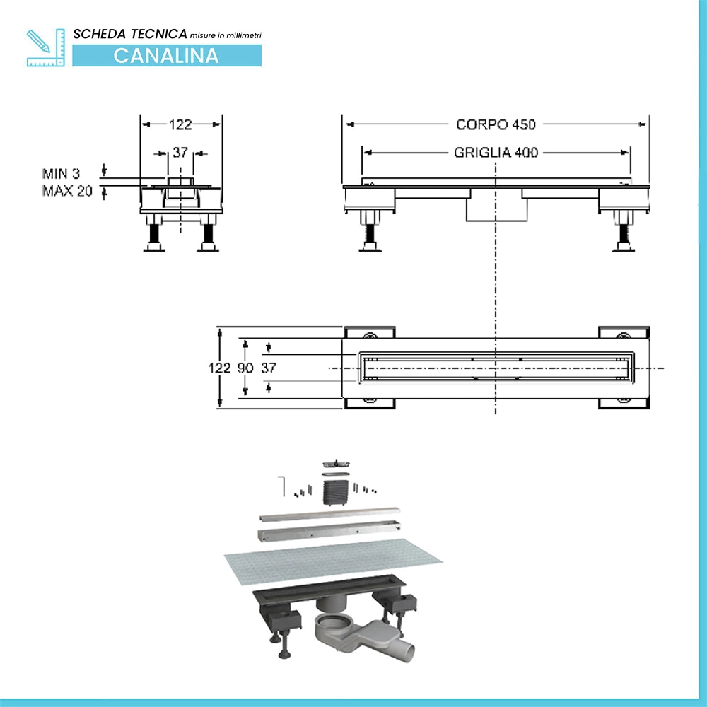 Canalina doccia 40 cm in alluminio reversibile scarico centrale, sifone e piletta inclusi