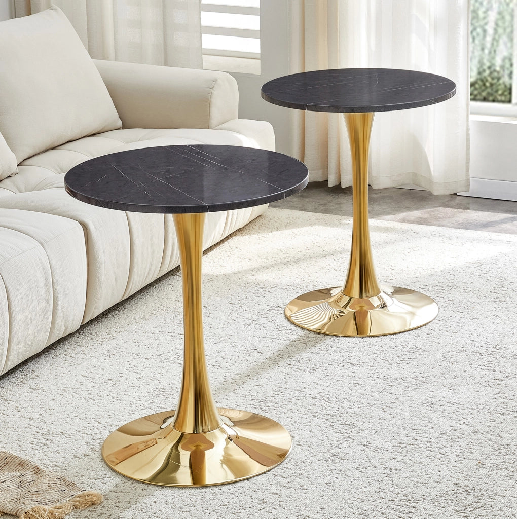 Tavolo rotondo da salotto in MDF e metallo; effetto marmo nero con base oro; altezza 72 cm