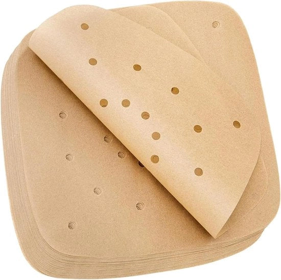 Letti per Air Fryer in Papier - 100 Stuks - 15cm - Non Aderente - Impermeabile all'Acqua - Resistente all'Olio - Quadrati - per Vaporizzatore Air Fryer Forno a Microonde (Materiale: Tessuto Geperforato in Caffè)