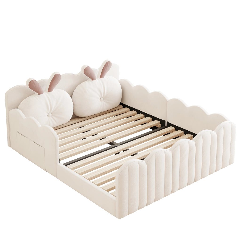 Letto imbottito con cuscino a coniglio, 140x200 cm, beige