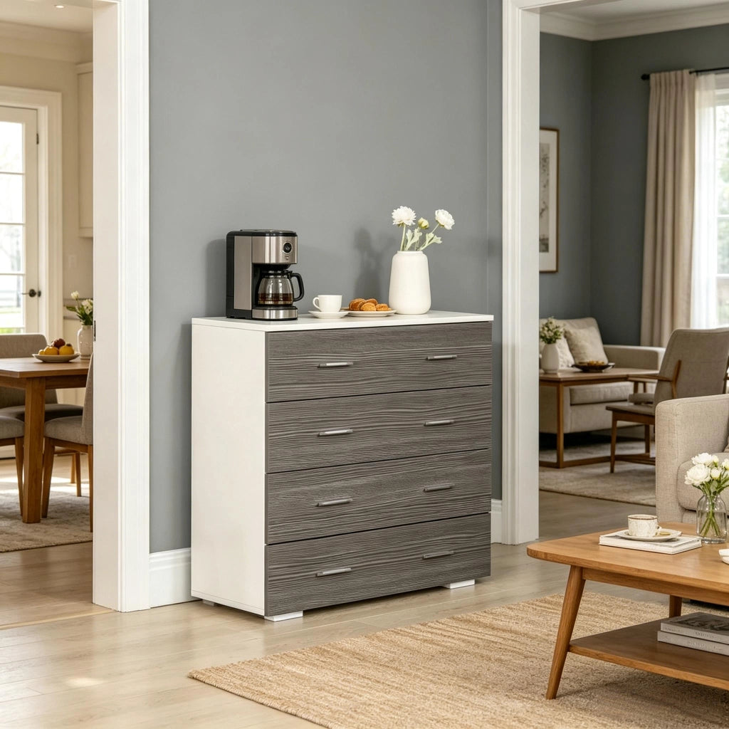 Cassettiera con 4 cassetti in truciolare e metallo per camera da letto, soggiorno e ufficio, grigio bianco 76 × 35 × 72 cm