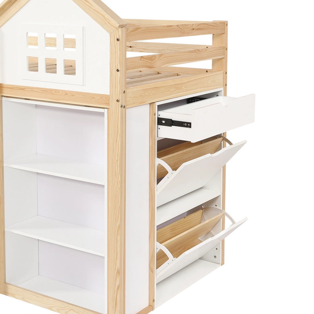Letto a Soppalco 90 x 200 cm - 3 Cassetti e Vani Contenitore - in Legno - Bianco