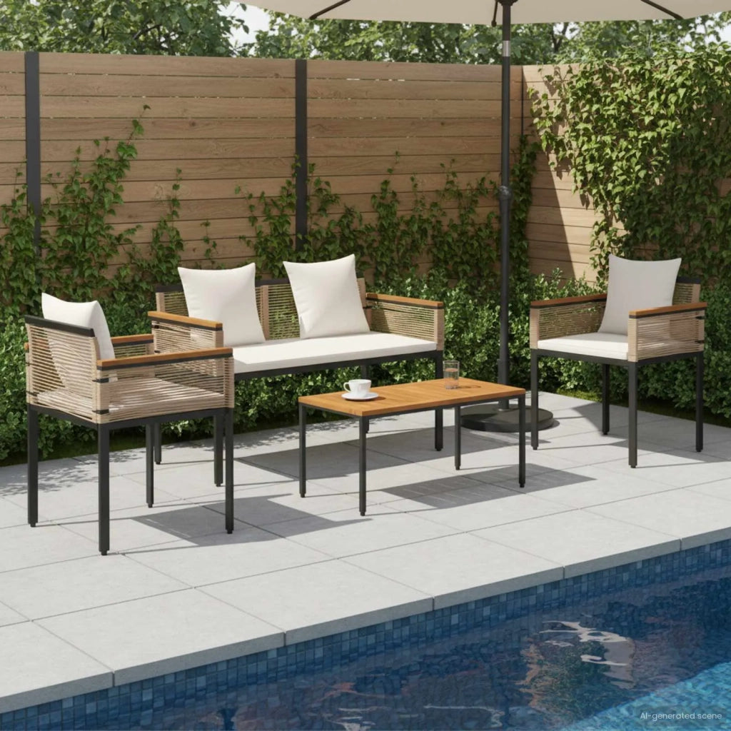 Set di Mobili da esterno | Set Salotto da Giardino Beige e Bianco Crema polyrattan