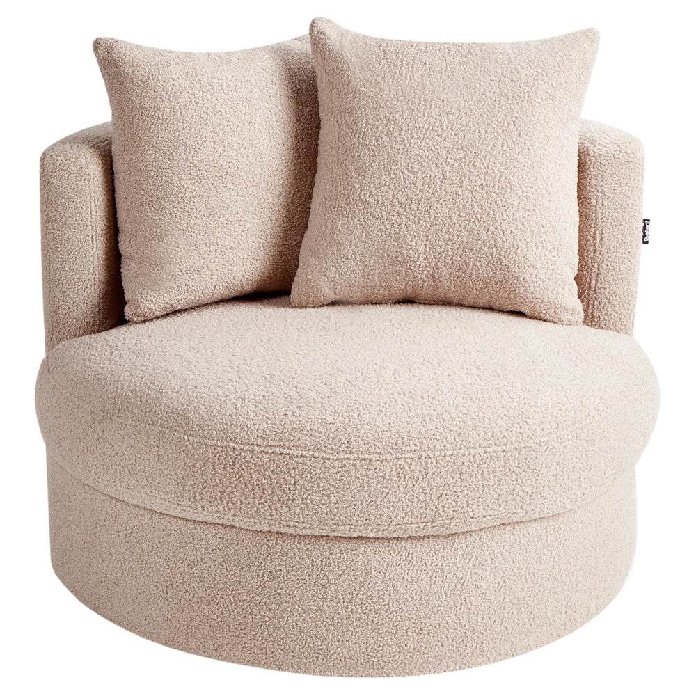 Poltrona Beige in boucle con base girevole in ferro Due cuscini sfoderabili Schienale rotondo Soggiorno moderno in stile glam