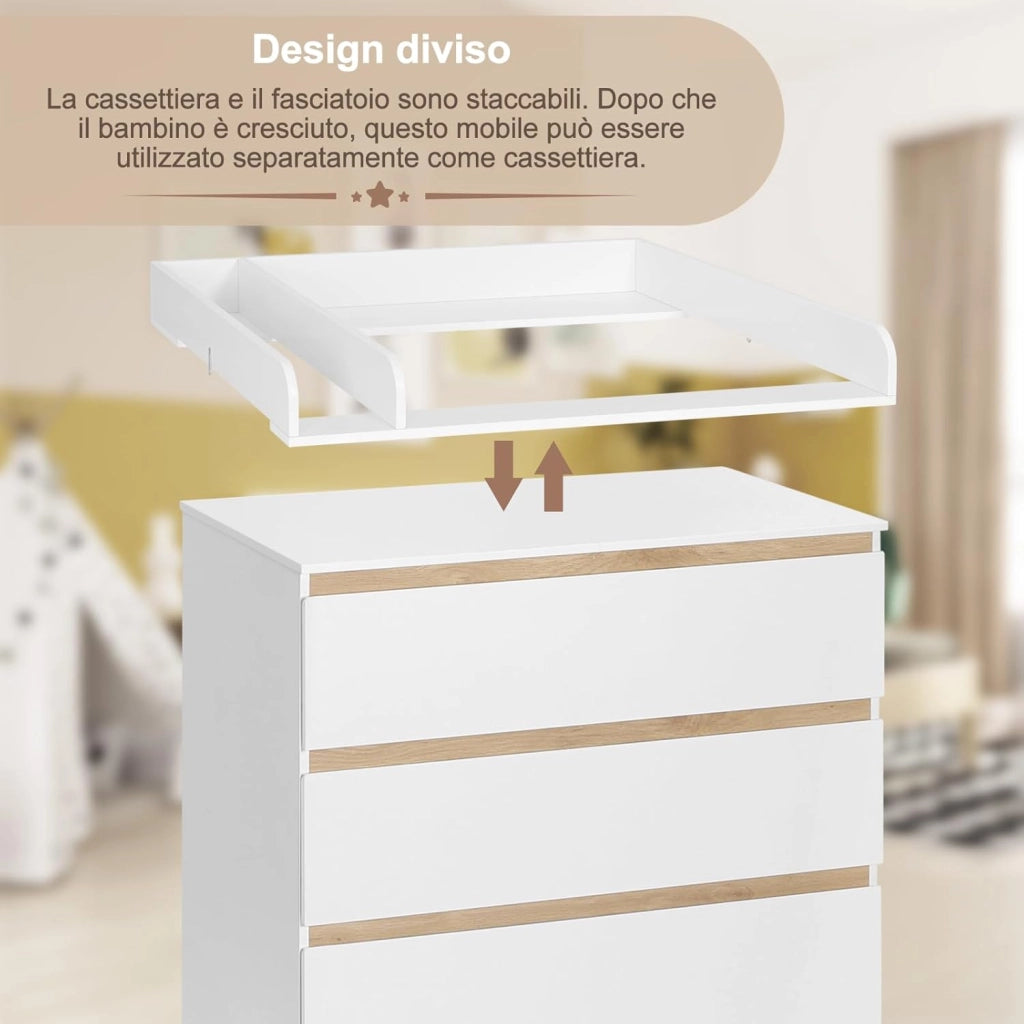 Mobile Fasciatoio per Bambini, Cassettiera con 4 Cassetti, Cassettone con Ripiano Fasciatoio Rimovibile, in Legno MDF e Truciolare, Bianco+Rovere