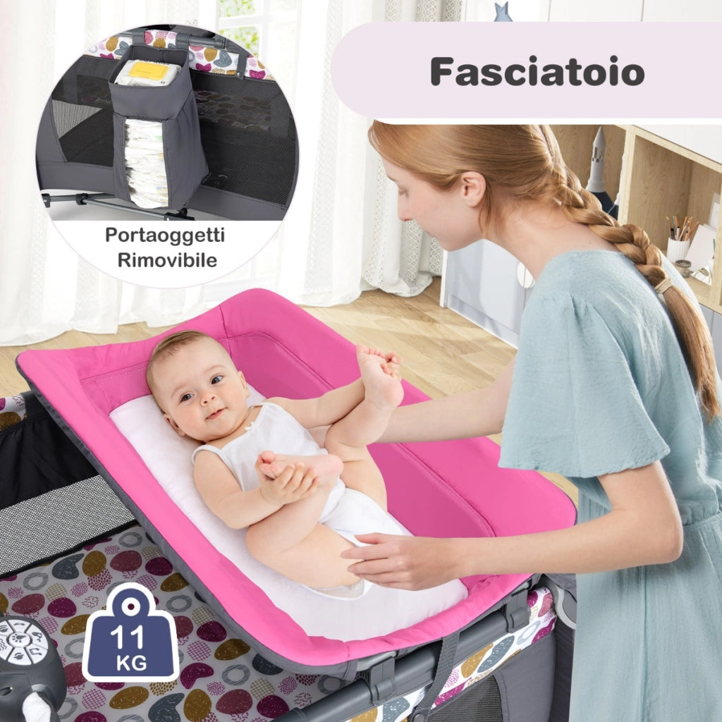 Box portatile per bambini con culla a dondolo e fasciatoio, Lettino pieghevole pack per neonati e bambini fino a 3 anni Rosa scuro-Culle