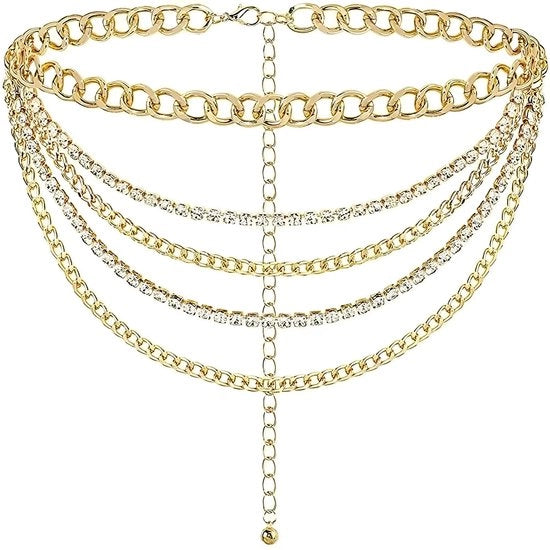 Cinturino a catena con perle multiple e strass - catena metallica per donna - accessorio per abiti e outfit