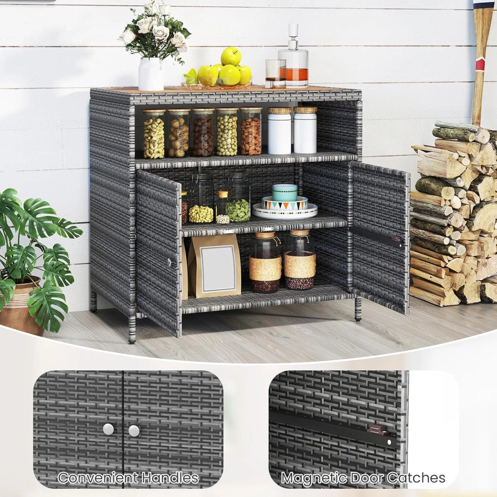 Armadietto da giardino, credenza in rattan, armadio portaoggetti con piano di lavoro e mensola, armadio per giardino, balcone e piscina, 90 x 53 x 86 cm, grigio