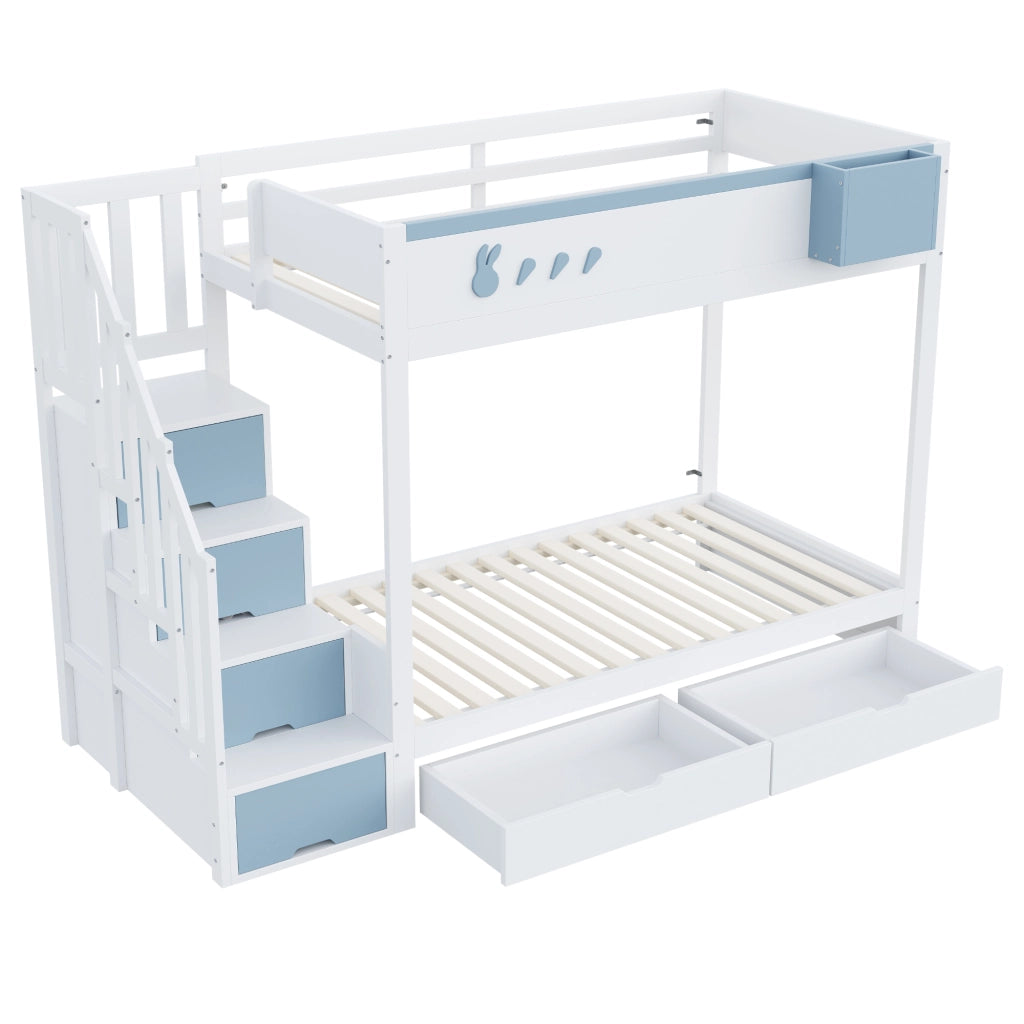 LETTO A CASTELLO 90x200 cm in Legno Bianco e Blu con sponde e ripiano rimovibile