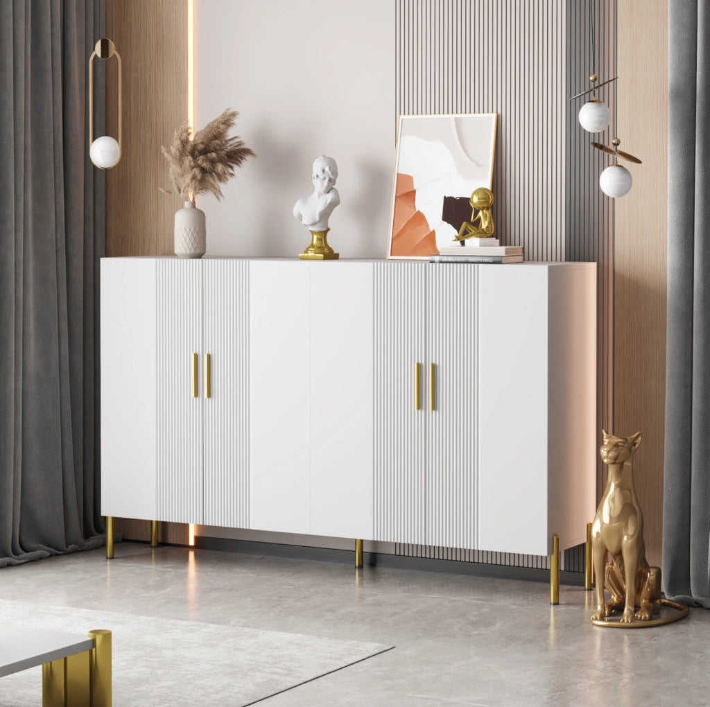 Armadio multiuso bianco opaco con dettagli oro, 4 ante, 160x35x100 cm