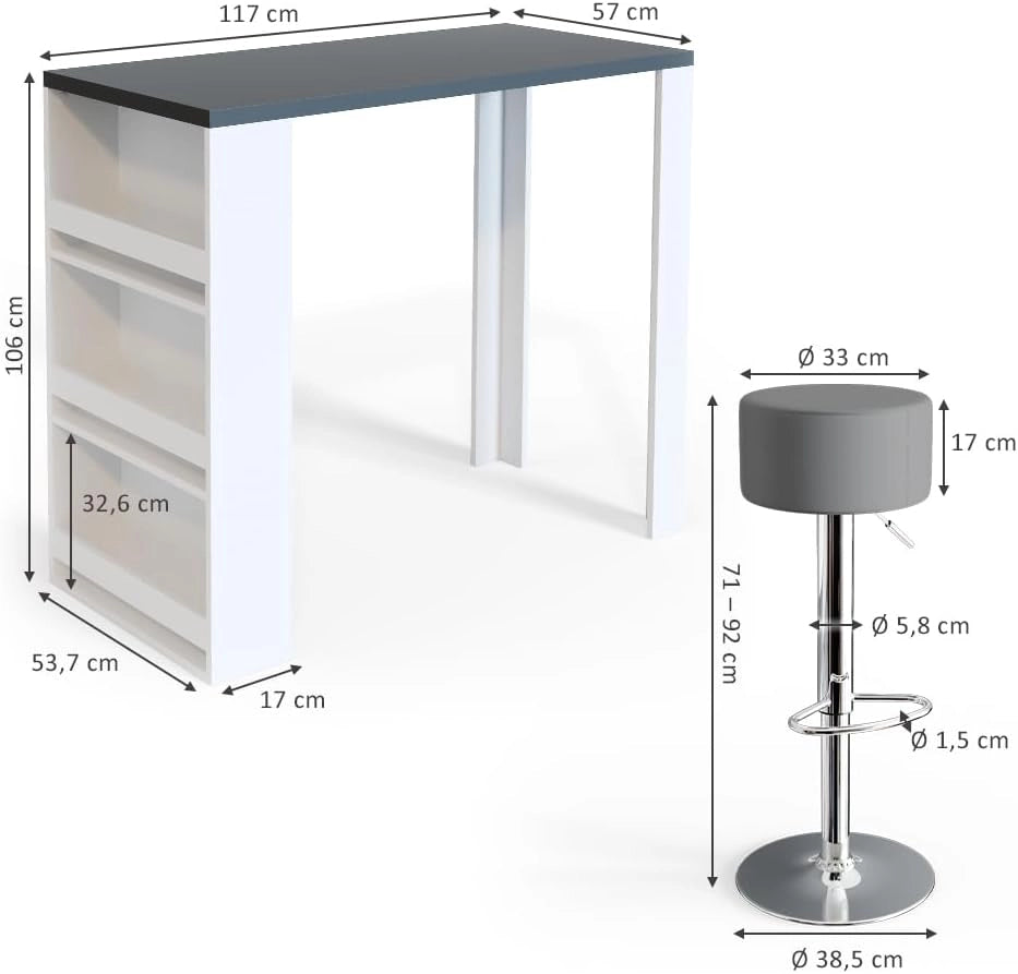 Tavolo bar con sgabelli, Bianco/Grigio, 57 x 117 cm con 2 sgabelli da bar, adatto come area pranzo aggiuntiva in cucina o soggiorno