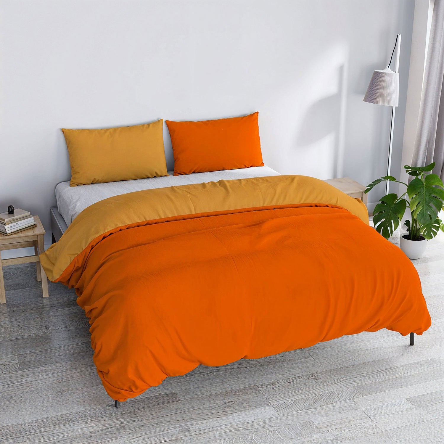 Copripiumino Piazza E Mezza con Sacco e Federe in Tinta Unita Double Face Linea Vera Arancio e Giallo