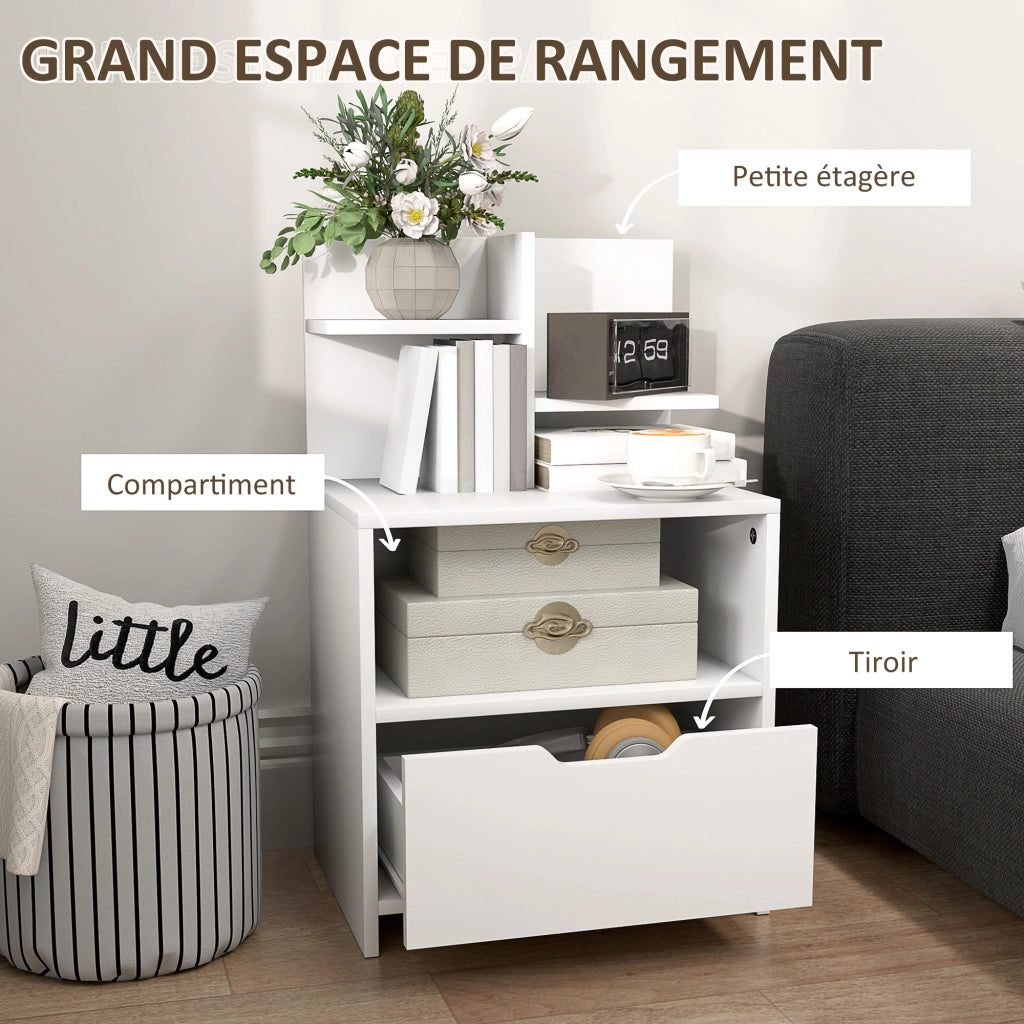 Comodino con cassetto, nicchia e ripiani effetto legno ¨C zephmum ¨C bianco 45x35x73 cm