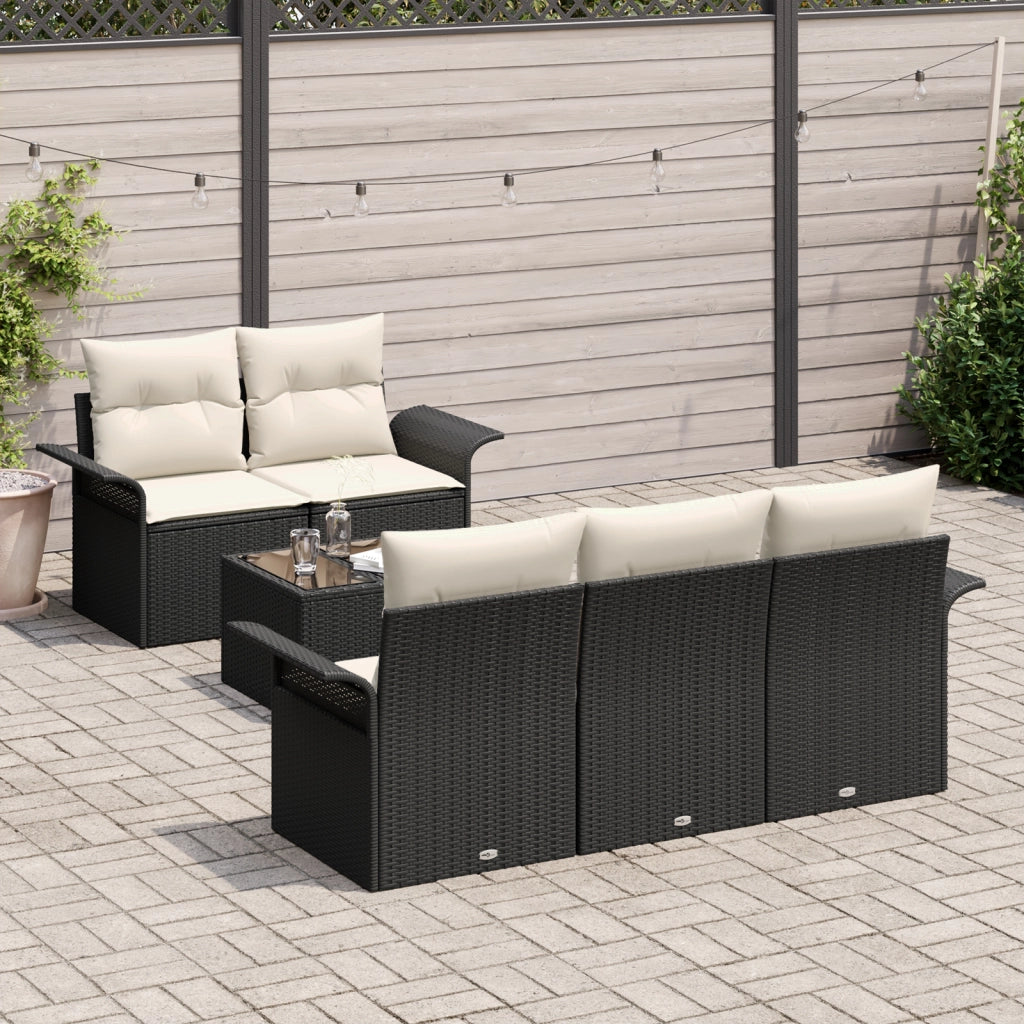 Set Divano da Giardino 6 Pezzi con Cuscini Nero Polirattan