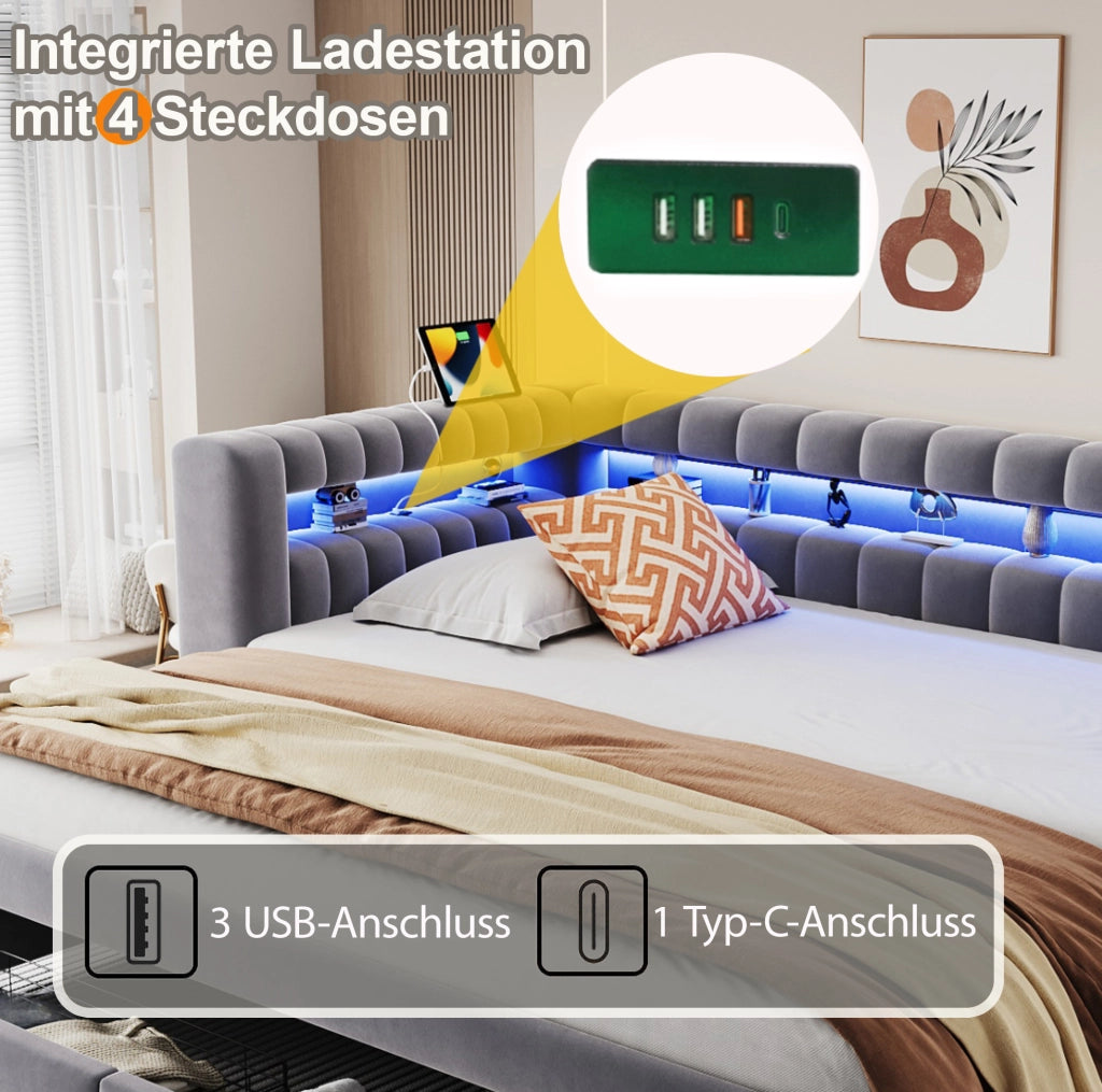 Divano letto estraibile 90x190/180x190 cm con cassetti; LED e USB-C in velluto grigio scuro