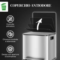 Bidone Immondizia a 2 Sezioni da 15L a Pedale con Coperchio Silenzioso, in Acciaio Inox e PP, 41.8x36.7x44 cm