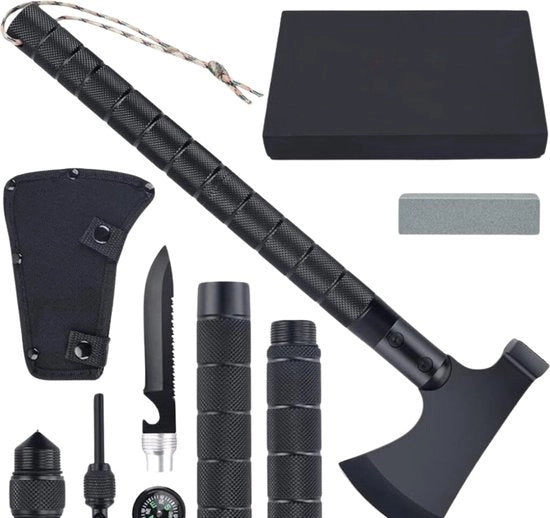 Pacchetto di Emergenza - Coltello Multifunzione - 11-in-1 Coltello - Coltello da Campo con 11 Funzioni - Coltello, Pietra per Fondere, Cerchio, Limo, Sega, Martello e Molti Altri - Utensile di Emergenza Ideale - Nero