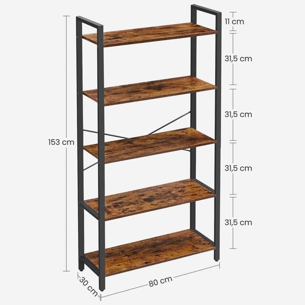 Libreria a 5 ripiani con struttura in acciaio per soggiorno ufficio corridoio stile industriale 153 cm marrone rustico e nero 12_0001493
