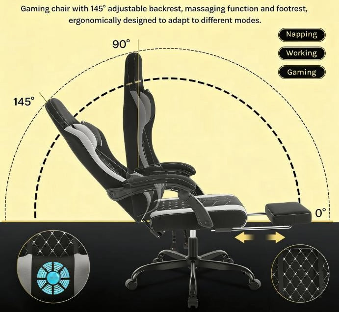Sedia da ufficio girevole ergonomica con funzione massaggio, schienale alto, poggiapiedi, nero/grigio