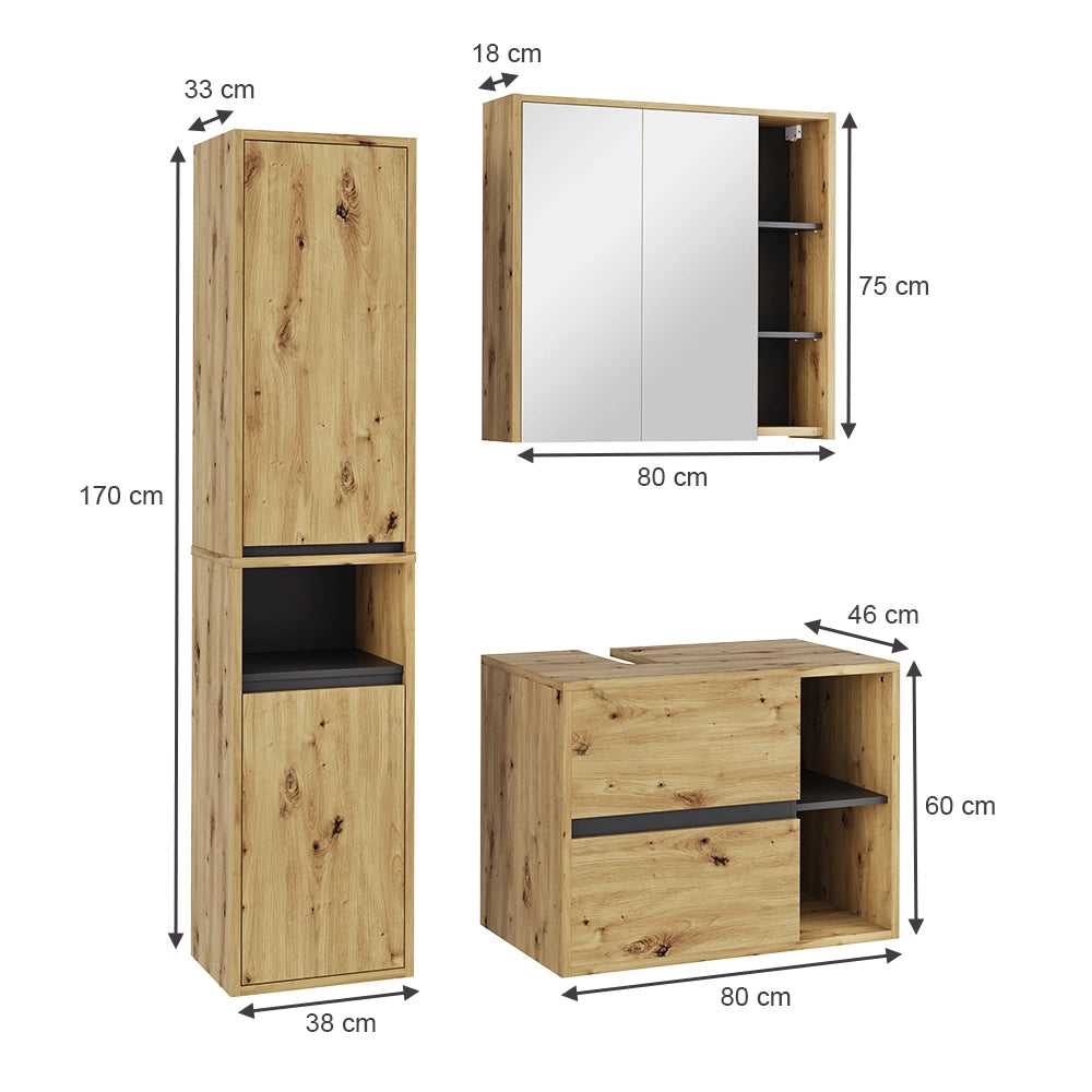 Vicco Set di mobili da bagno Artigiano/grigio 3 parti
