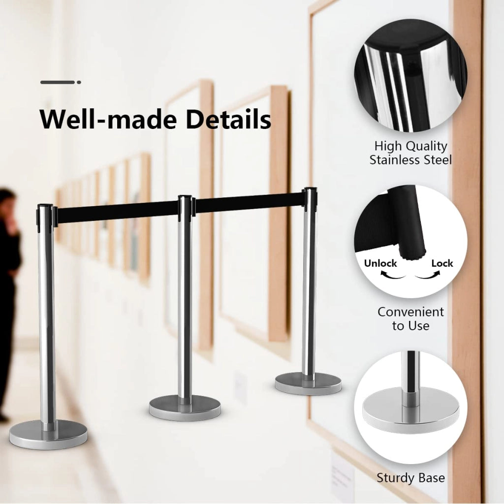 Set di 6 Stampelle di Arresto in Metallo Inossidabile con Striscia di Barriera da 2 m, Nero