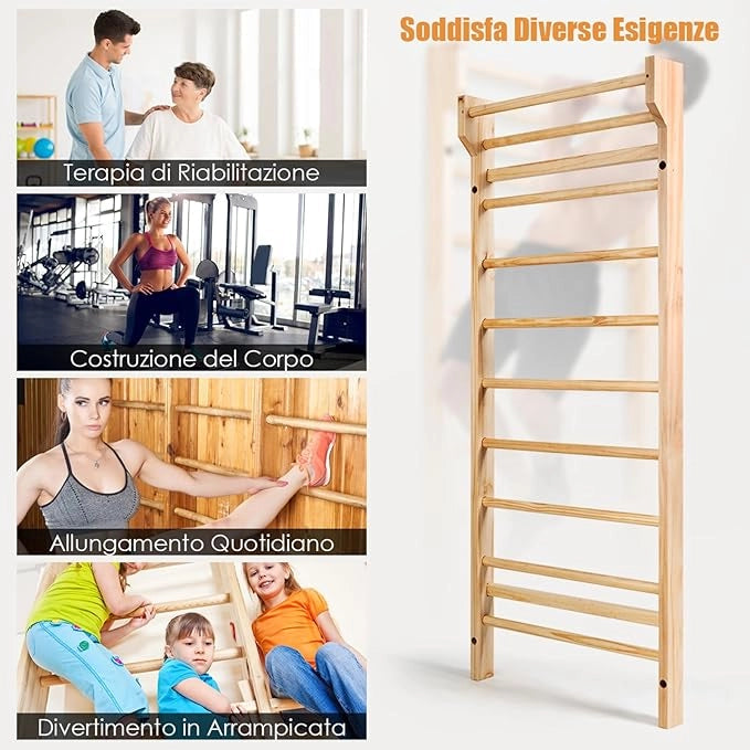 Spalliera Svedese Adulti e Bambini, Scala Svedese in Legno a 10 Gradini, Spalliera Palestra e Casa, Carico Massimo 100 kg, 195 x 80 x 14 cm