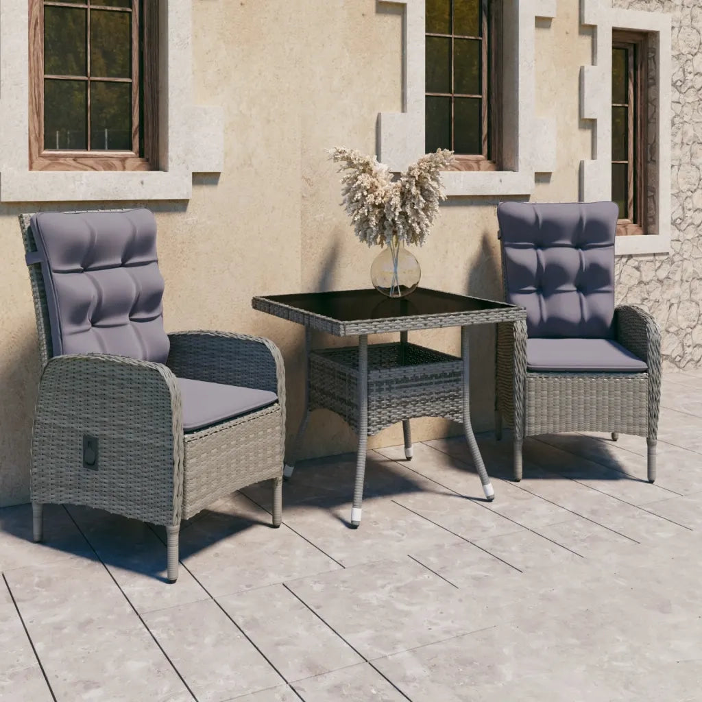 Set da Pranzo da Giardino 3 pz in Polyrattan e Vetro Grigio cod mxl 52792