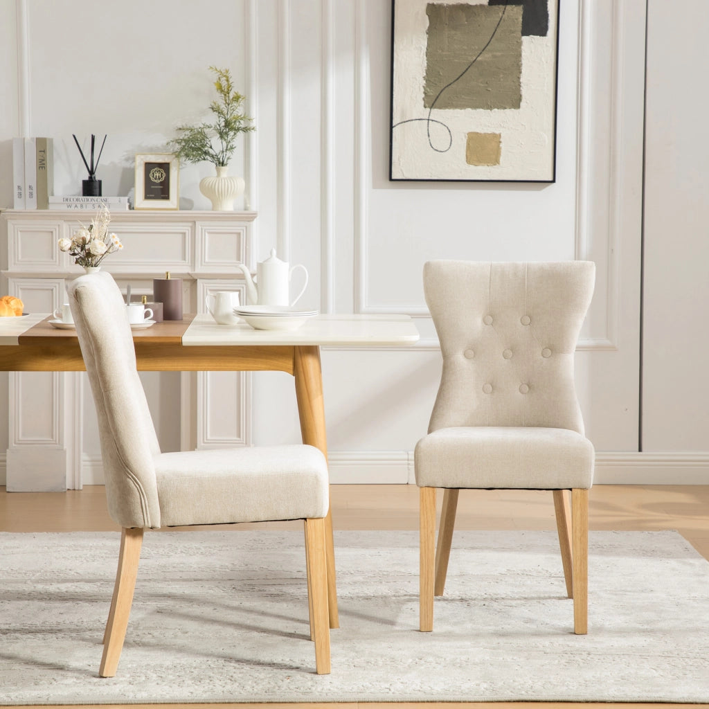 Set di 2 sedie da pranzo, gambe in legno massello, sedute imbottite, tessuto chenille, beige
