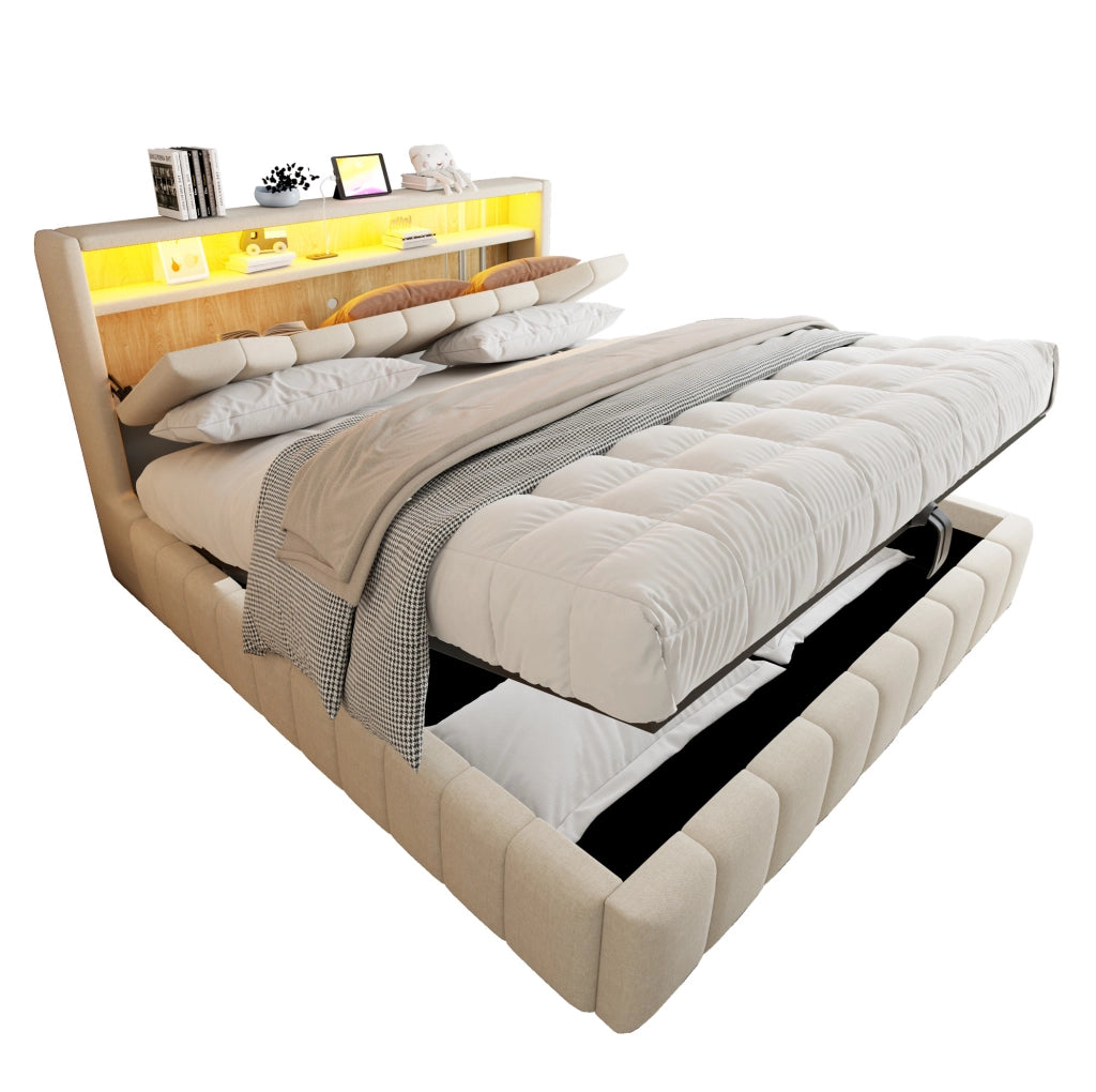 Letto matrimoniale contenitore 214.5x181x107.5 cm con sistema idraulico; LED e testiera contenitore in tessuto beige