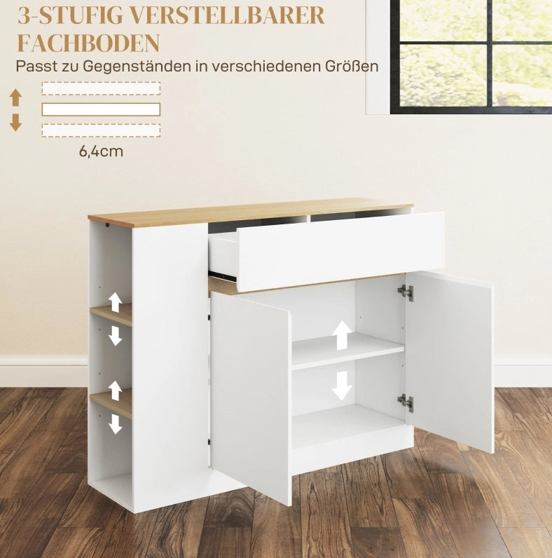 Mobiletto laterale da cucina bianco con cassetto e ripiani regolabili 105x30x81,5 cm