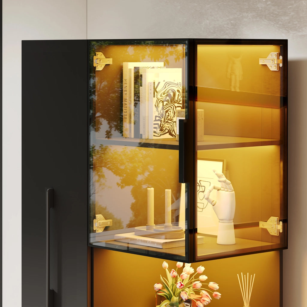 Vetrina in vetro 70×38×160 cm con ripiani estraibili, LED multicolore, MDF e vetro, colore nero
