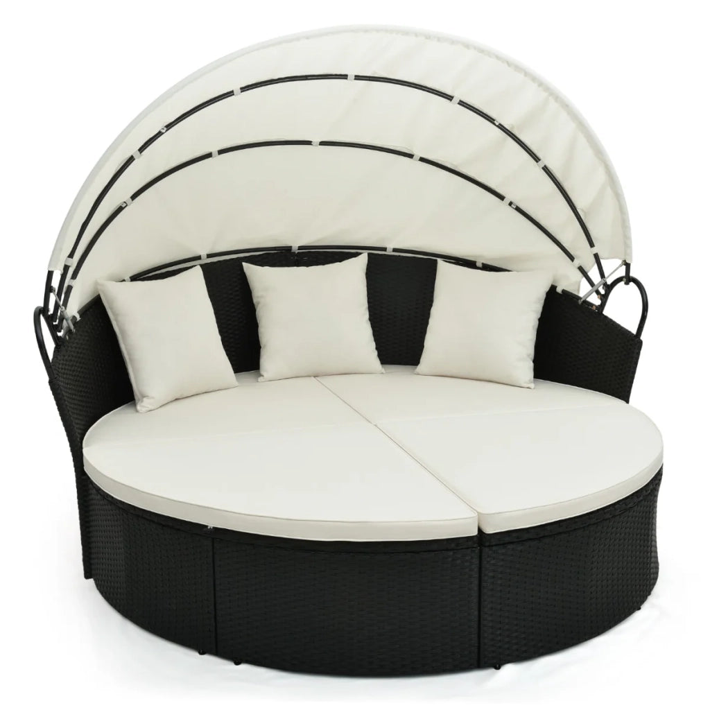 Divano letto rotondo in rattan PE con baldacchino retrattile 187 x 180 x 157 cm design moderno e versatile in bianco e nero 20_0012312