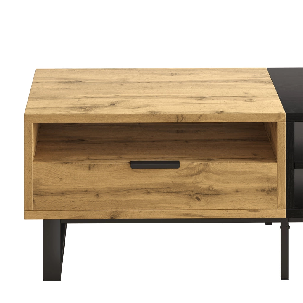 Tavolino basso con 3 vani aperti e cassetto pannello truciolare nero e legno 100 × 50 × 40 cm