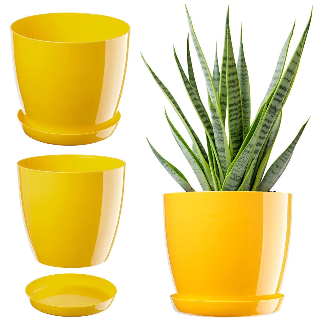 Vaso da fiori KADAX con supporto, rotondo e coperchio, 16 cm, in plastica gialla.