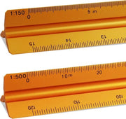 Set di 2 liniali a forma di triangolo da 30 cm, scala 1:20, 1:25, 1:50, 1:75, 1:100, 1:125 e 1:100, 1:200, 1:250, 1:300, 1:400, 1:500 (Oro)