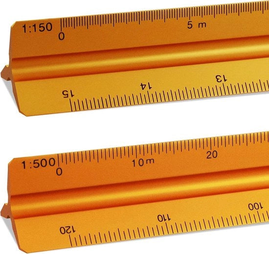 Set di 2 liniali a forma di triangolo da 30 cm, scala 1:20, 1:25, 1:50, 1:75, 1:100, 1:125 e 1:100, 1:200, 1:250, 1:300, 1:400, 1:500 (Oro)