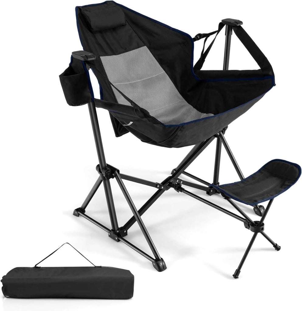 Sedia da Campeggio, Sedia Pieghevole per Esterni con Schienale e Poggiapiedi Regolabili, Poggiatesta, Porta Bicchiere e Borsa da Trasporto per Spiaggia, Giardino, Pesca, Supporta 150 kg (Nero)