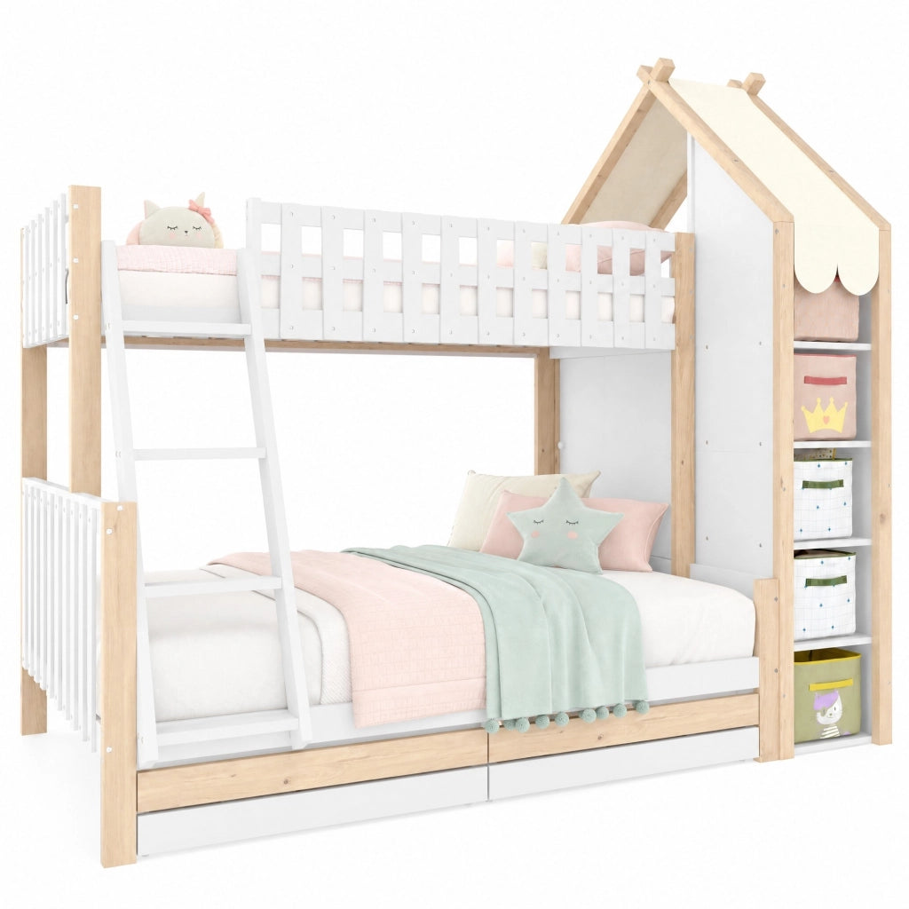 Letto a castello per bambini 90x200 cm + 140x200 cm con scala; 2 cassetti e contenitori; bianco e naturale
