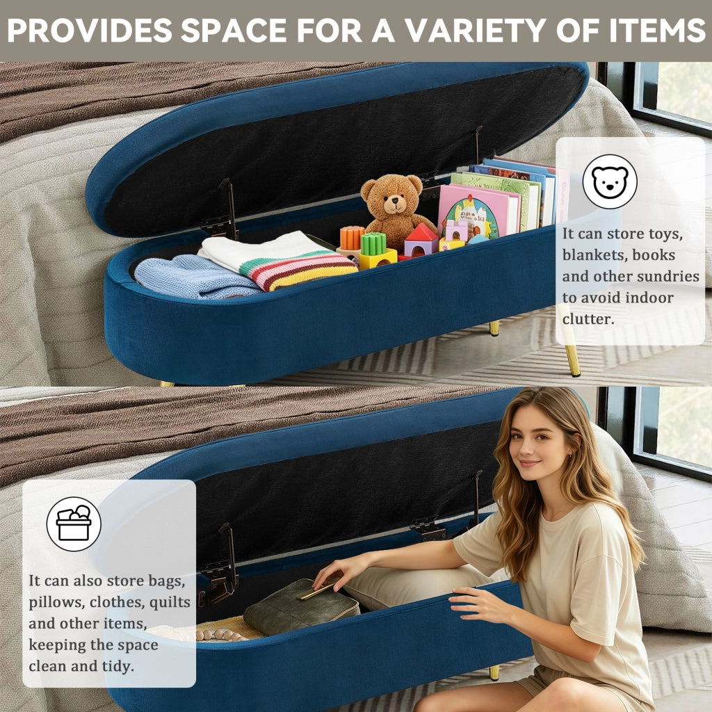 Banc con contenitore in velluto blu con coperchio ammortizzato struttura in legno e gambe in metallo 110 × 40 × 42 cm