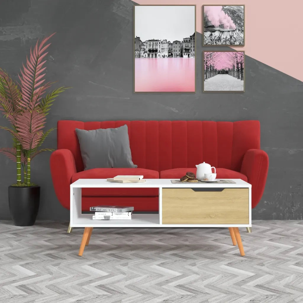 Tavolino da Salotto Bianco e Rovere 100x49,5x43cm in Truciolato