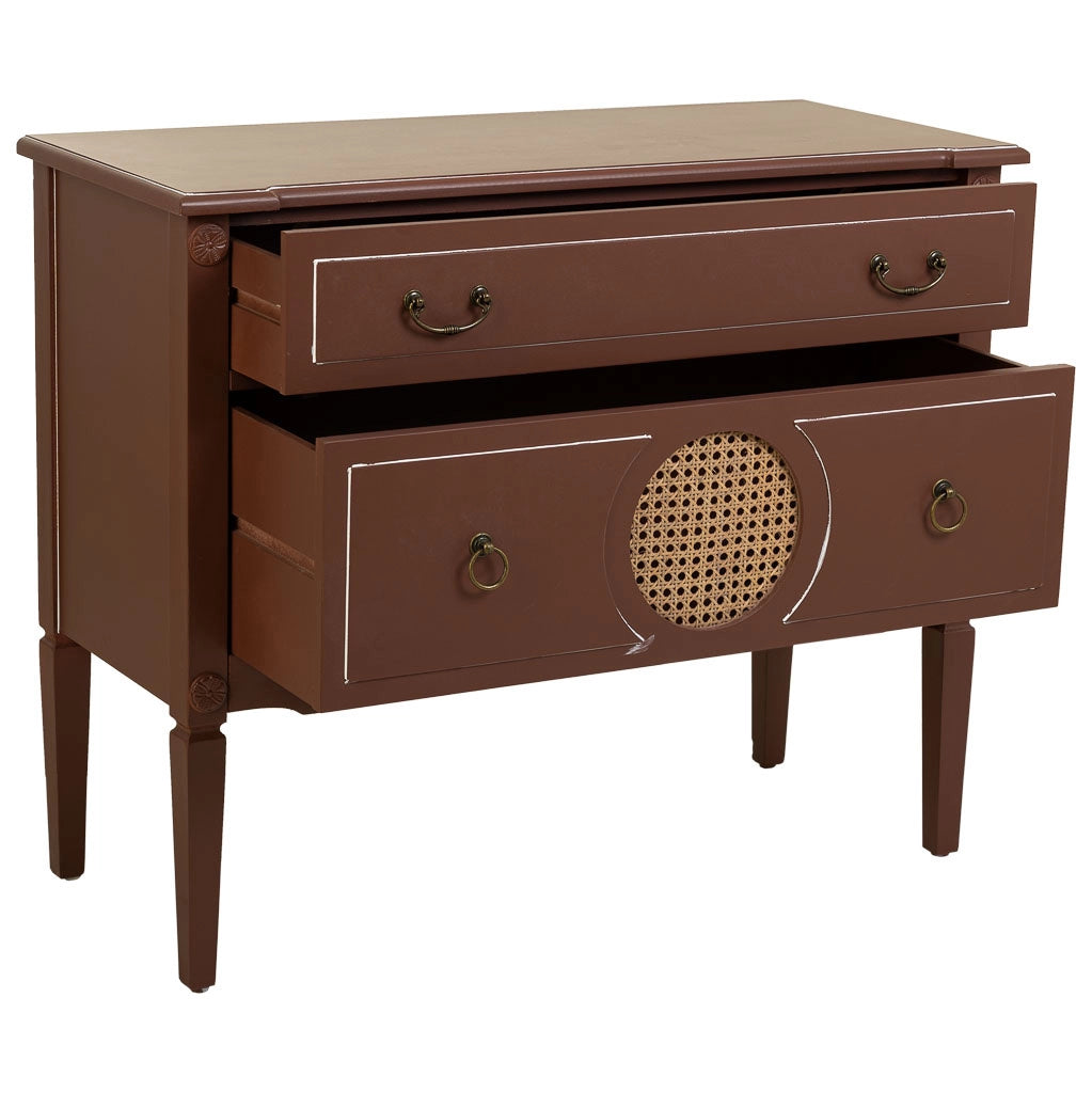 Cassettiera in legno e rattan con due cassetti marroni, 88x38x72h cm