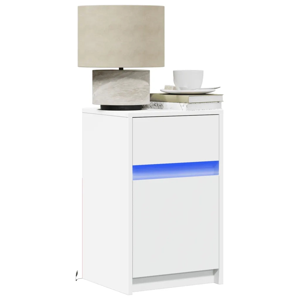 Comodino con Luci LED-Tavolino da notte Bianco in Legno Multistrato 866914