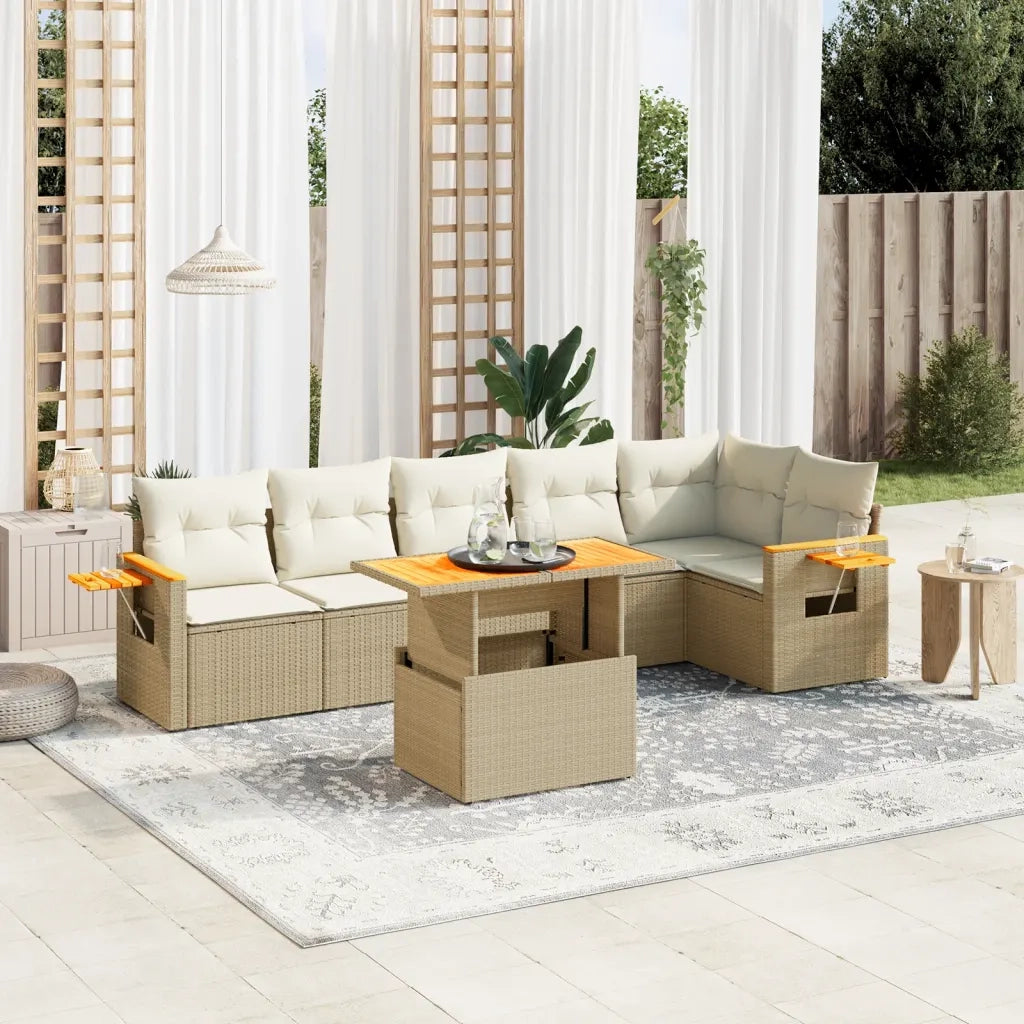 Set Divani da Giardino 7 pz con Cuscini Beige in Polyrattan