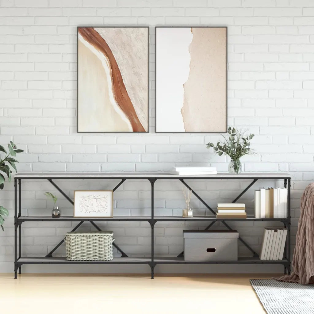 Tavolino-Tavolino da soggiorno-Tavolo Grigio Sonoma 200x30x75cm in Legno Multistrato e Ferro
