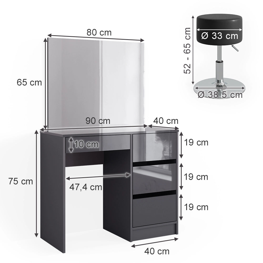 Vicco Tavolo da toeletta Antracite 40 cm con sgabello