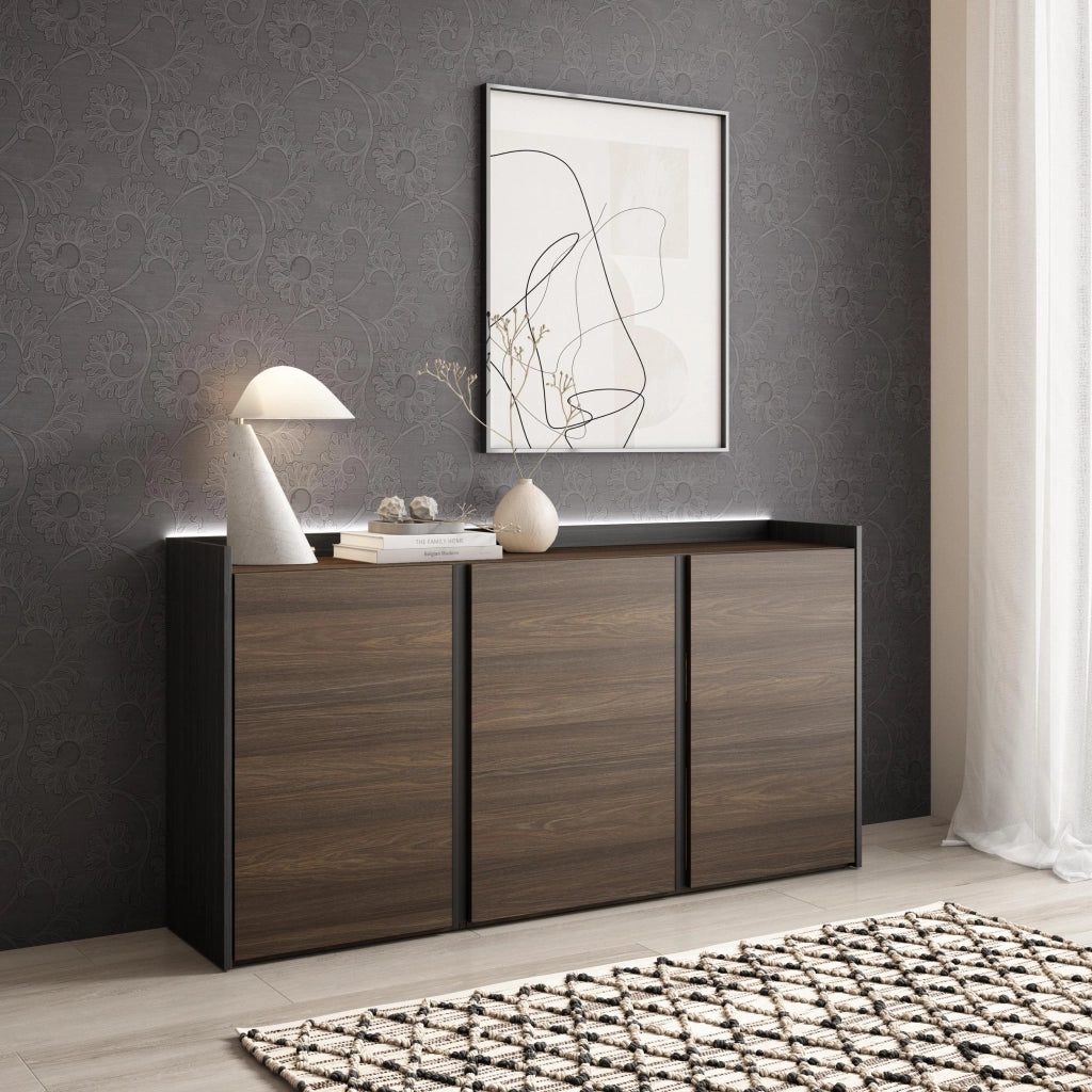 Credenza, Mobile, Cucina, 156x80x35 cm, 3 Porte, LED, Rovere scuro e Nero