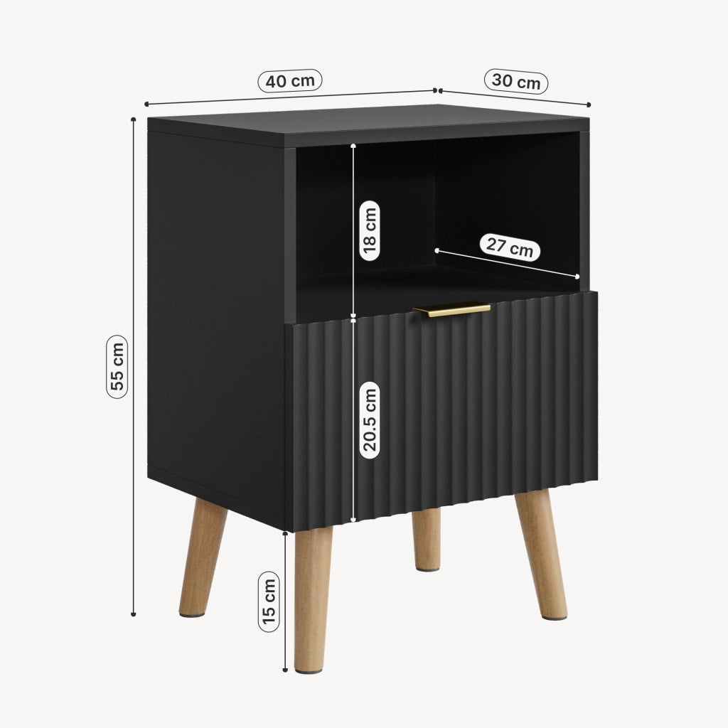 Comodino Nand con Cassetto e Vano Aperto 55x40x30 cm Nero [en.casa]